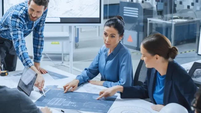 A group of people discussing a project together